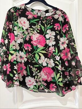 Kasper Black Floral Blouse with Pink & Green Botanicals